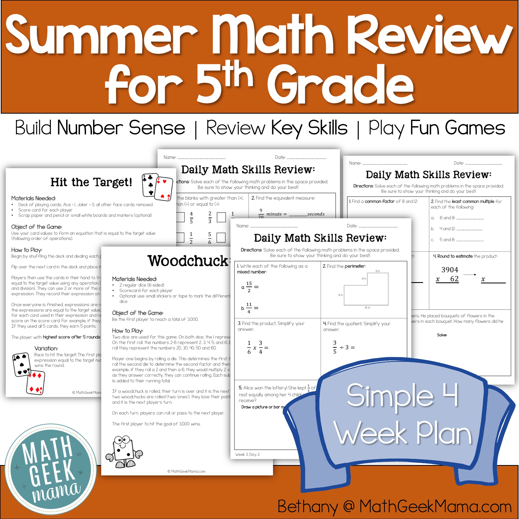 5th Grade Math Review - End of Year or Summer - Games & Worksheets - PRINTABLE