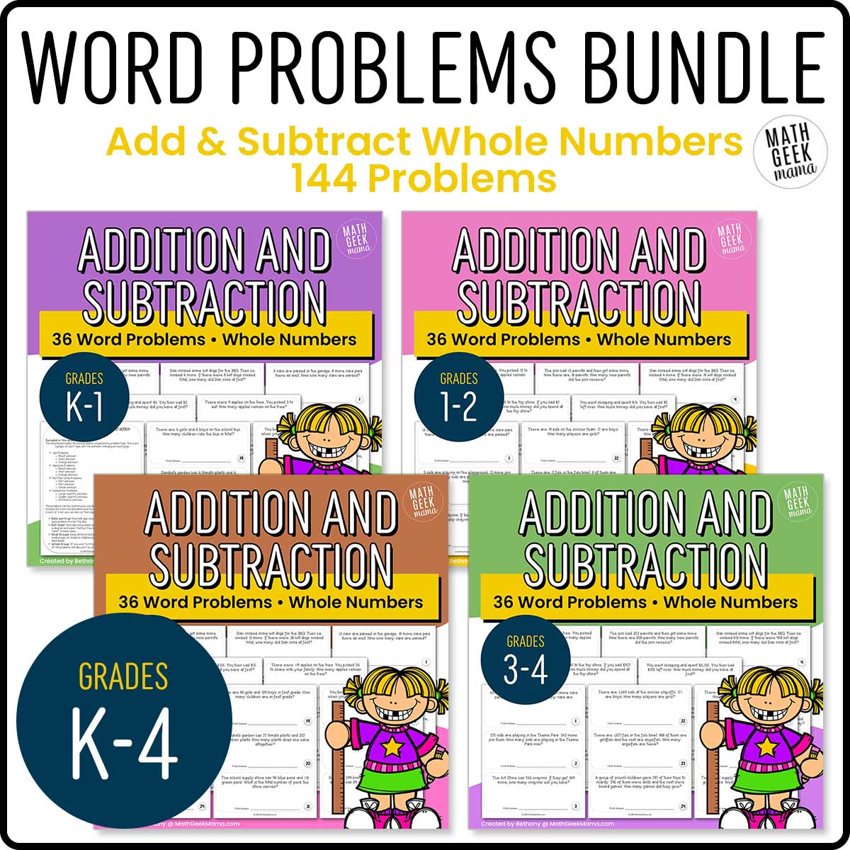 Addition & Subtraction Word Problem BUNDLE - Grades K-4 - PRINT + DIGITAL