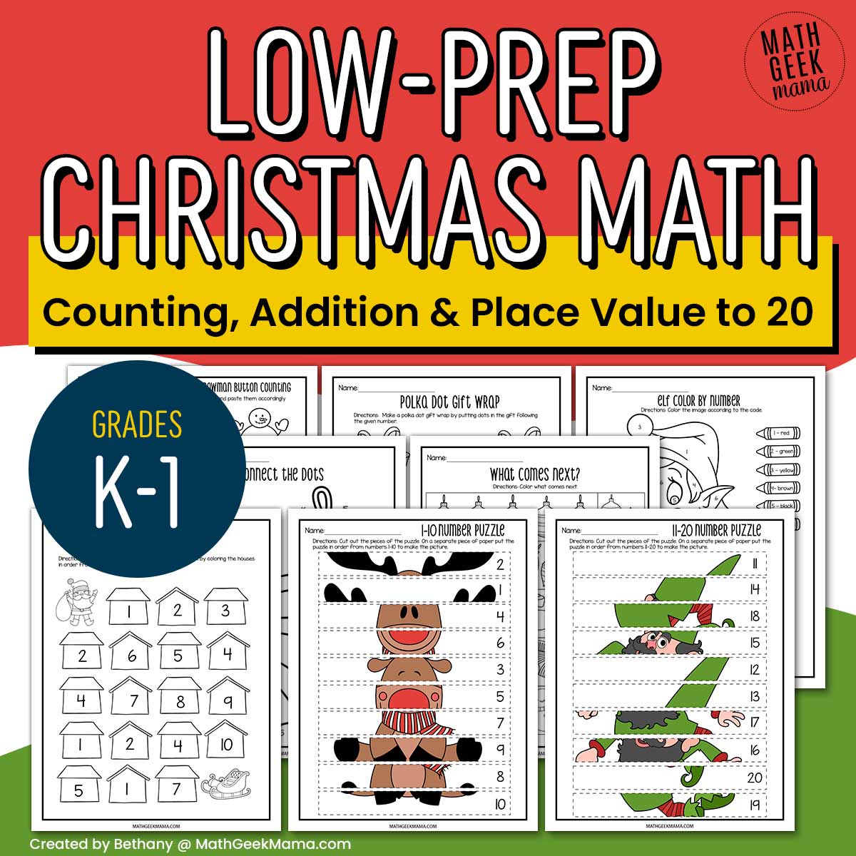Low-Prep Christmas Math - Fun with Numbers 1-20 - Grades K-1 - PRINTABLE