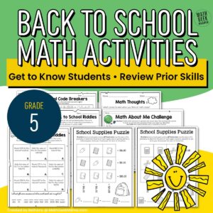 5th Grade Back to School Math Activities - Get to Know You - Review - PRINT