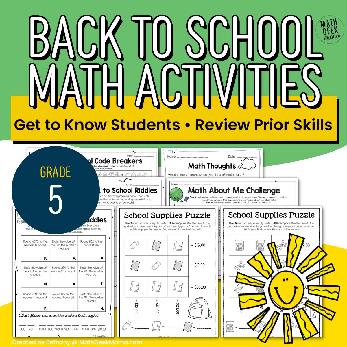 5th Grade Back to School Math Activities - Get to Know You - Review - PRINT
