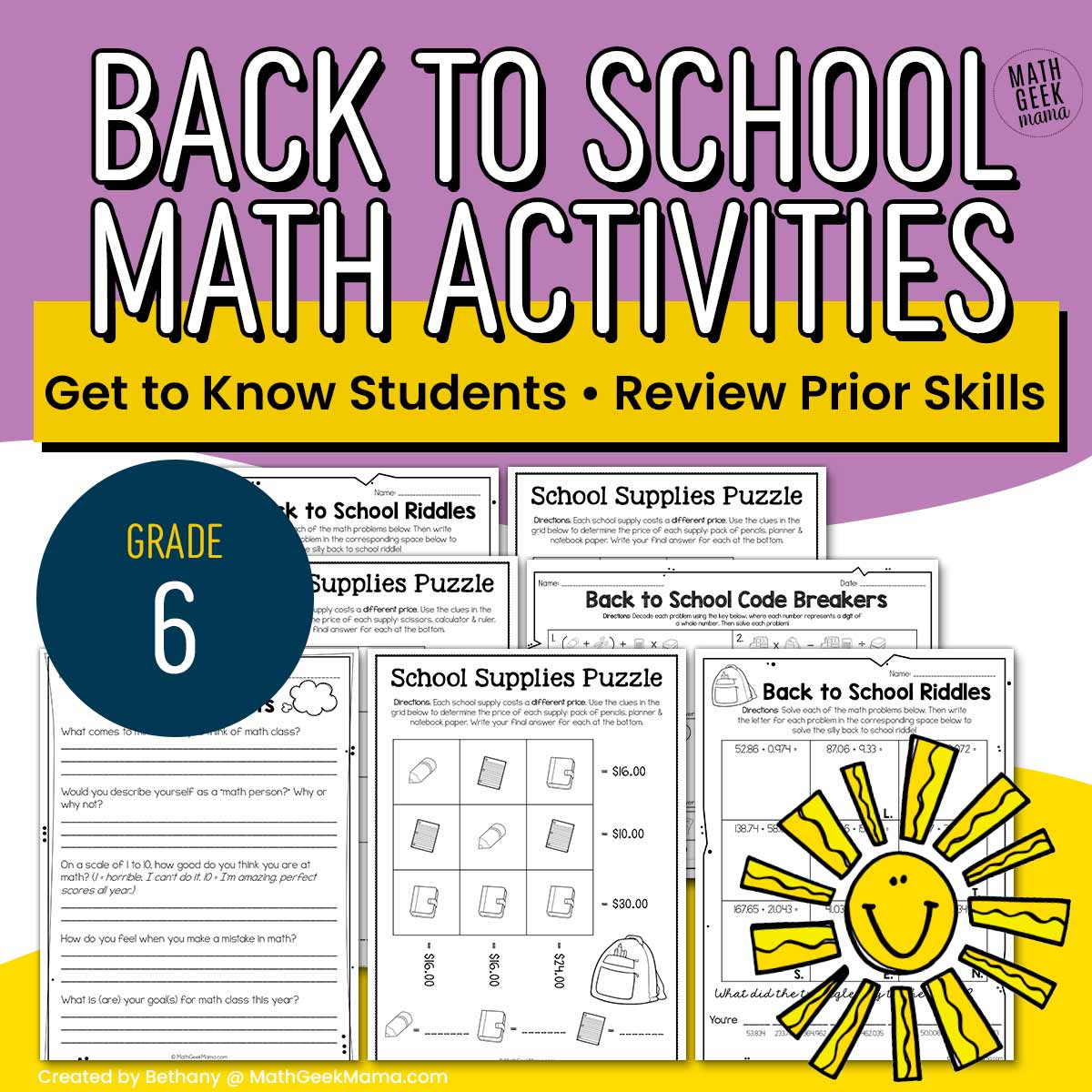 6th Grade Back to School Math Activities - Get to Know You - Review - PRINT