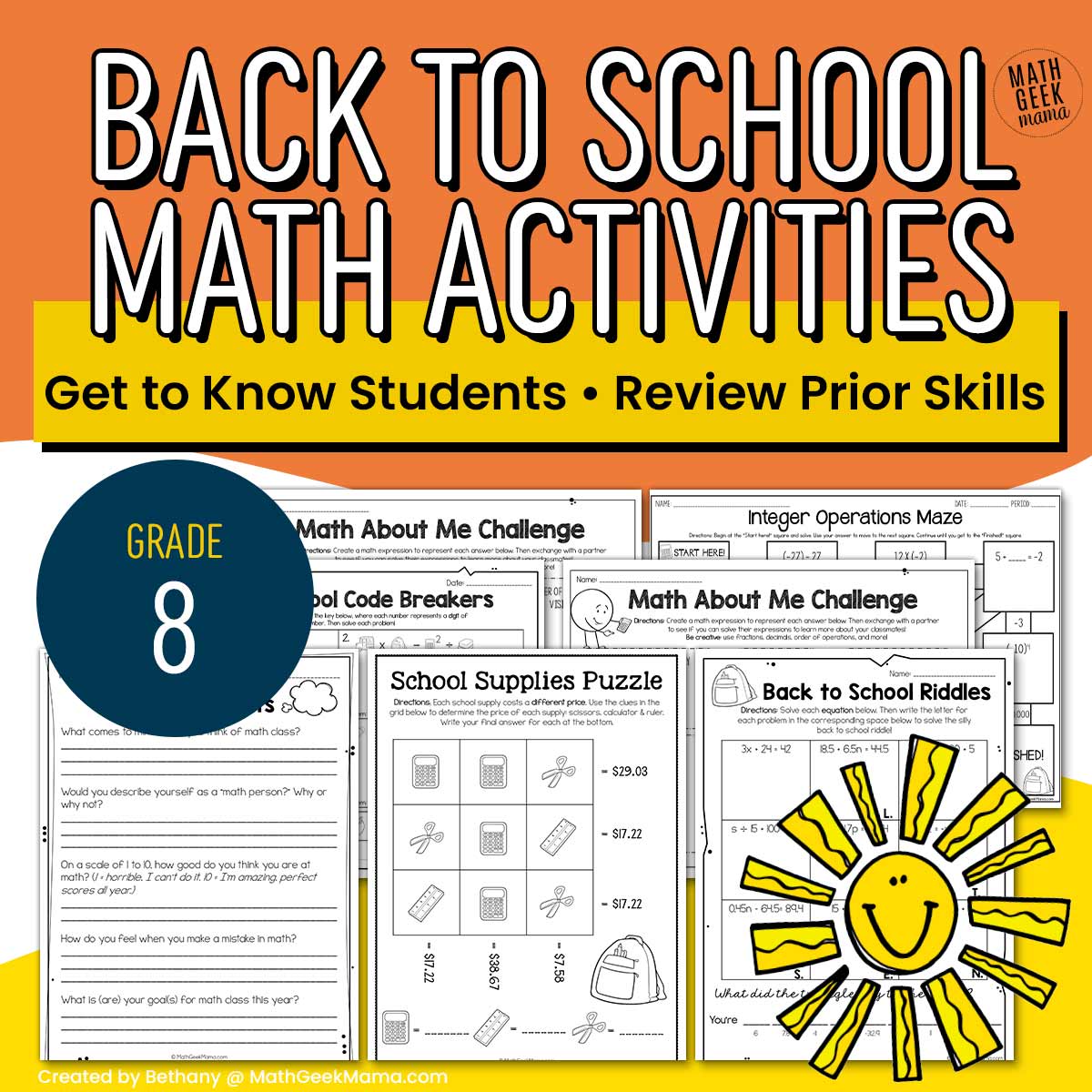 8th Grade Back to School Math Activities - Get to Know You - Review - PRINT