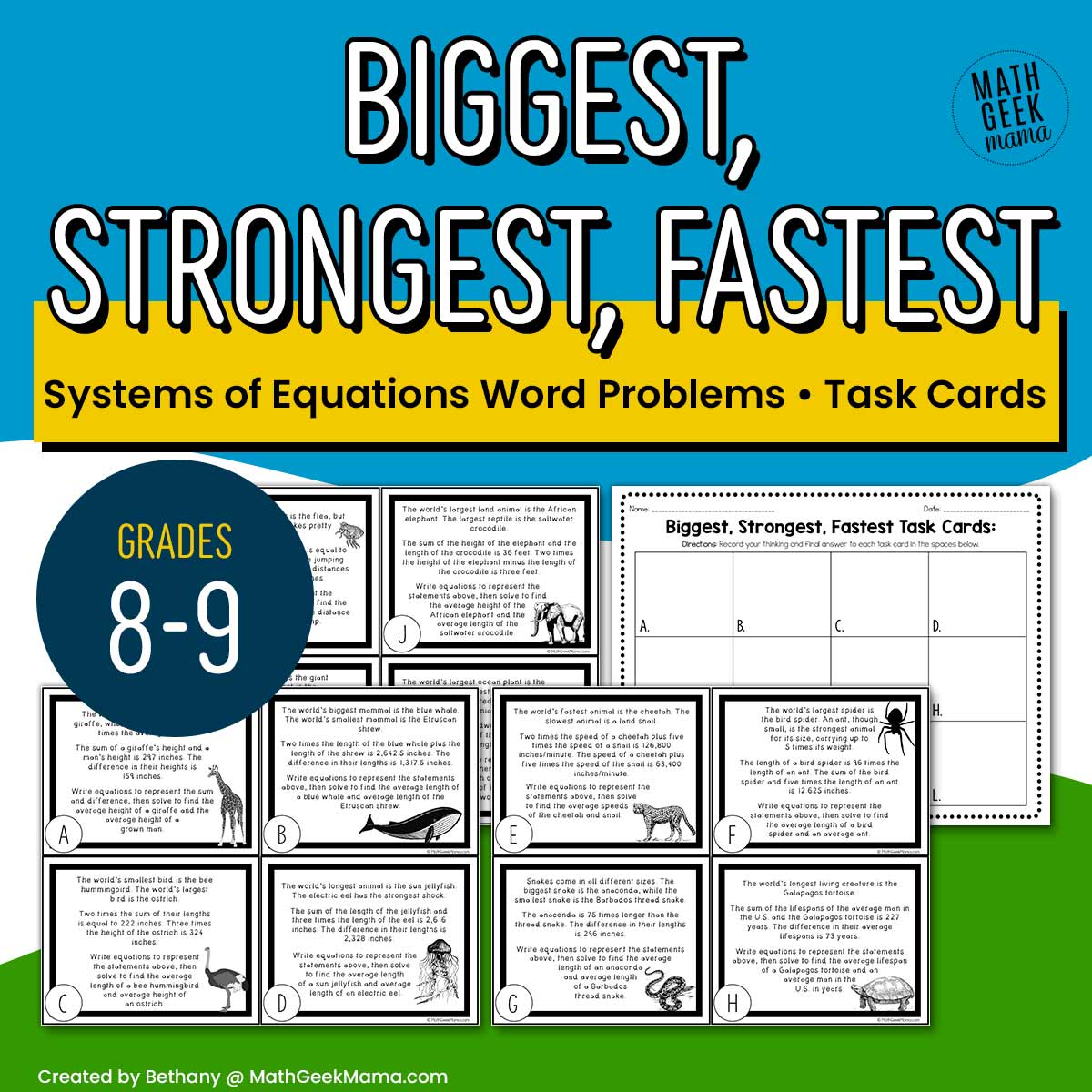 Systems of Equations Word Problems - Task Cards - Fun Facts - PRINTABLE