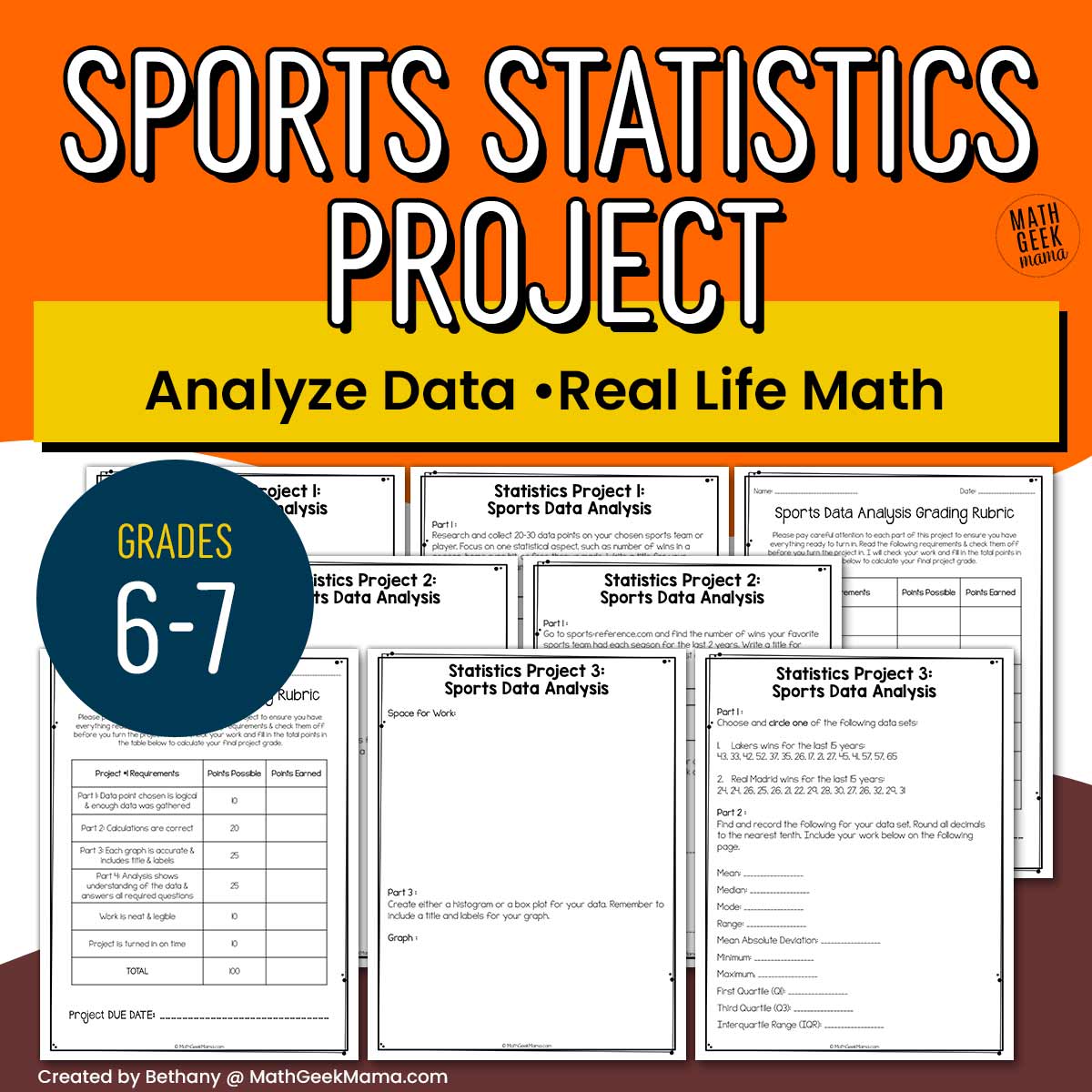 Sports Statistics Data Analysis Project: Real Life Math - Grades 6-7 - PRINT