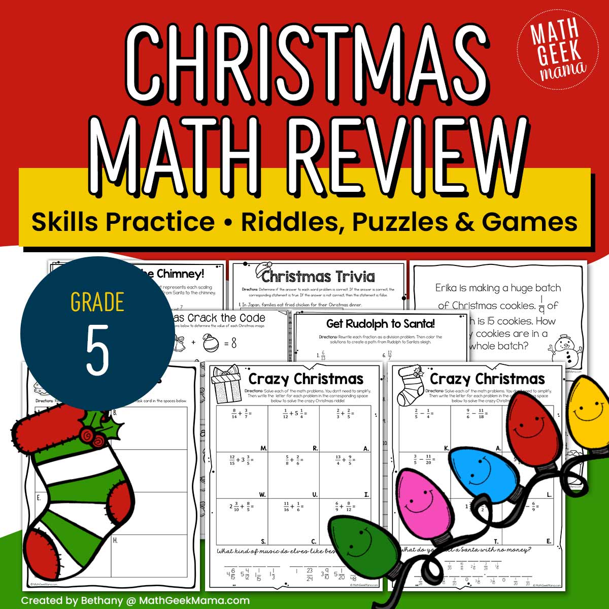 5th Grade Christmas Math - Low-Prep Fractions Practice & Puzzles - PRINTABLE
