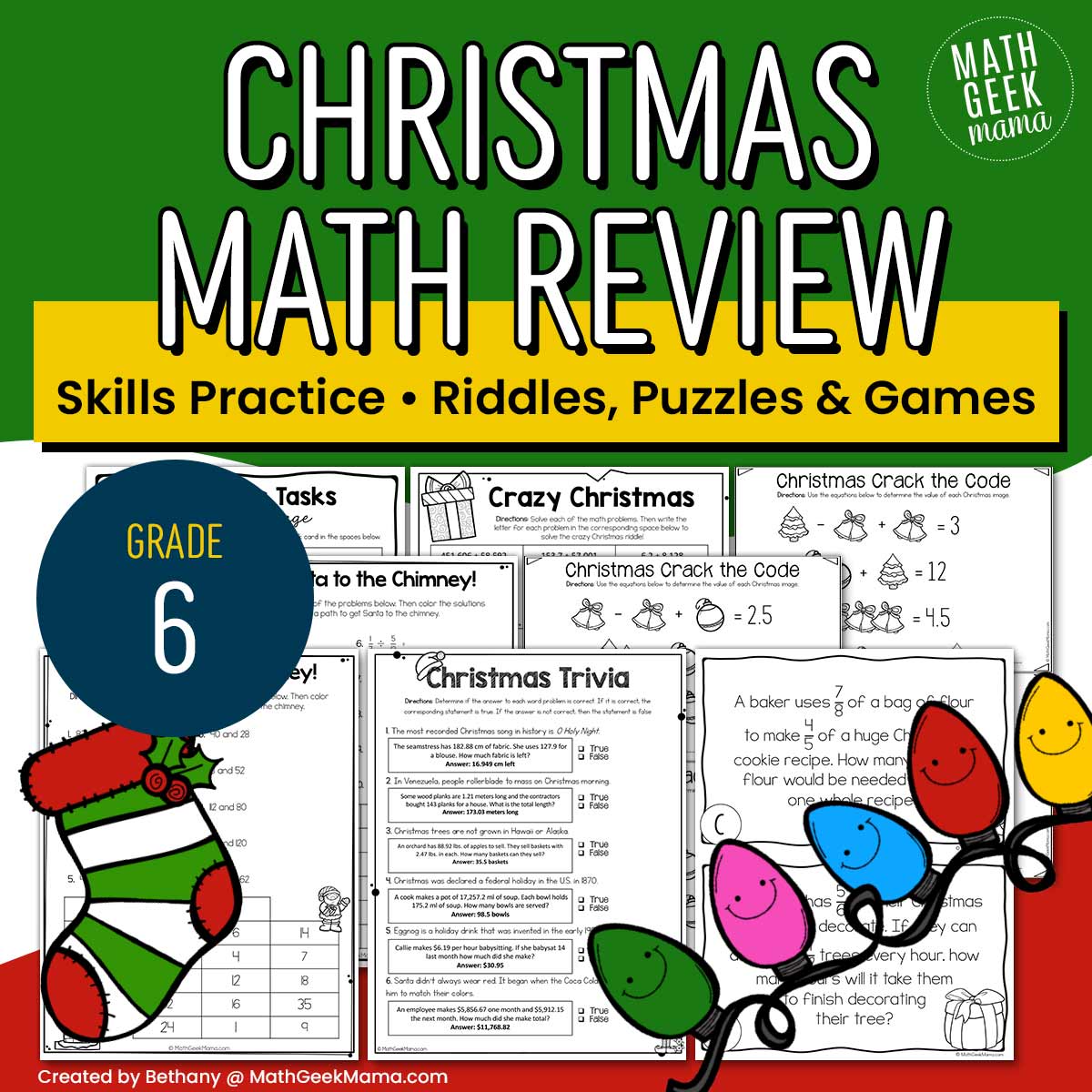 6th Grade Christmas Math - Low-Prep Practice & Puzzles - PRINTABLE