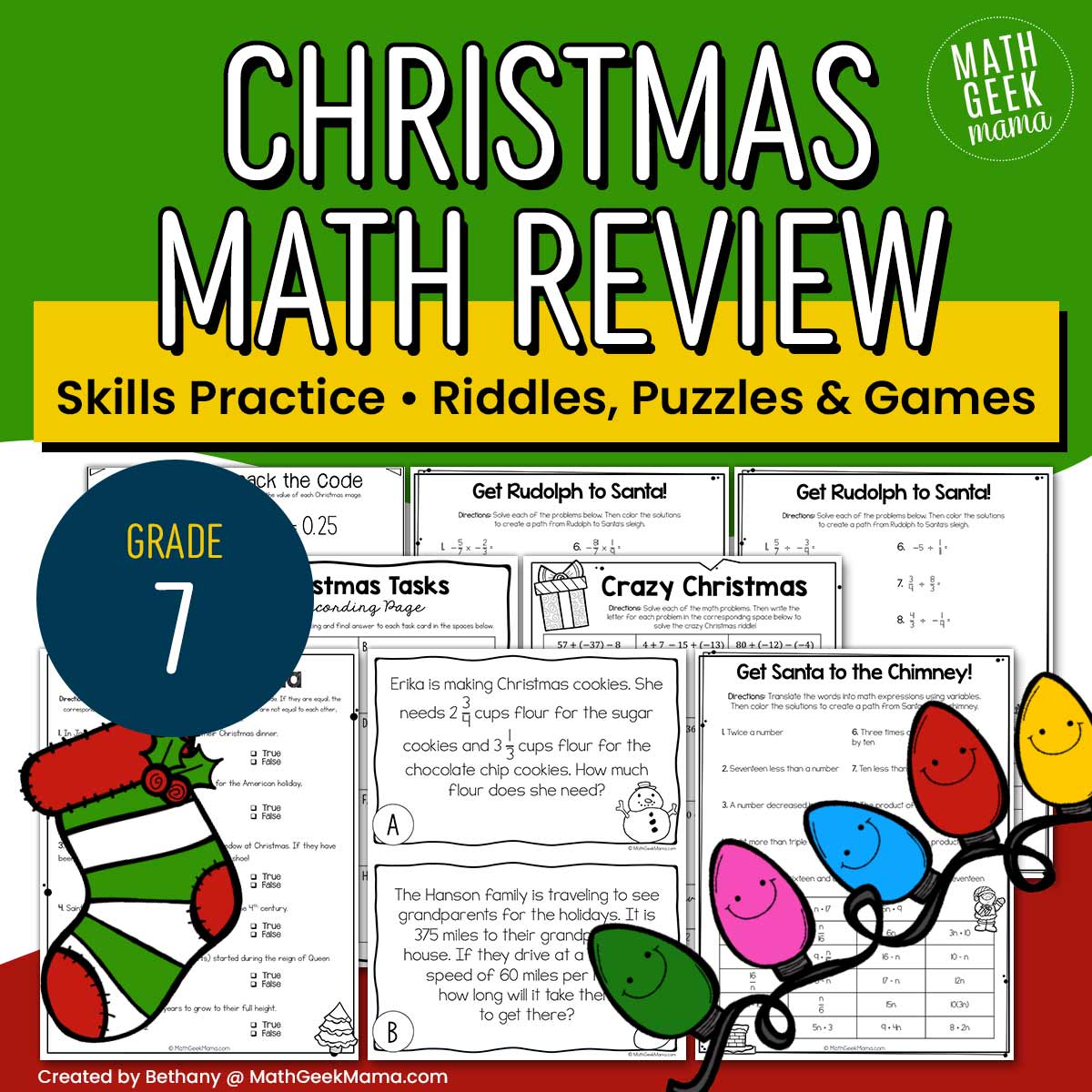 7th Grade Christmas Math - Low-Prep Practice & Puzzles - PRINTABLE