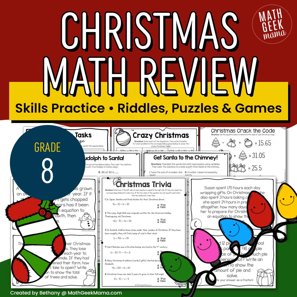 8th Grade Christmas Math - Low-Prep Practice & Puzzles - PRINTABLE
