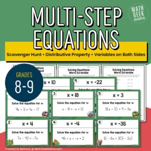 Solve Multi-Step Linear Equations Scavenger Hunt - 8th-9th Grade - PRINTABLE