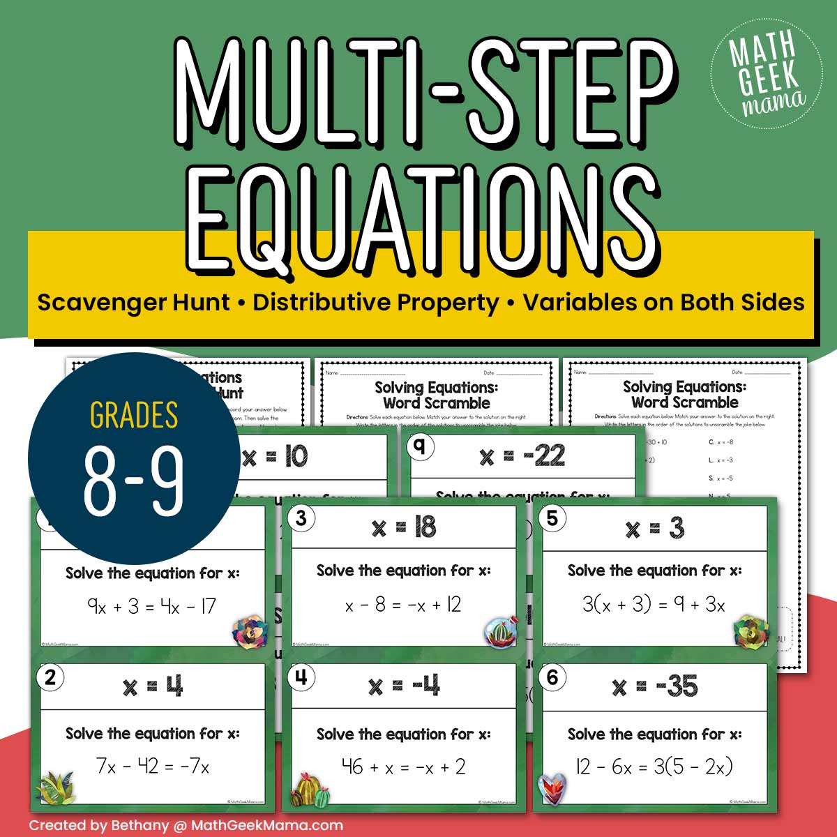 Solve Multi-Step Linear Equations Scavenger Hunt - 8th-9th Grade - PRINTABLE