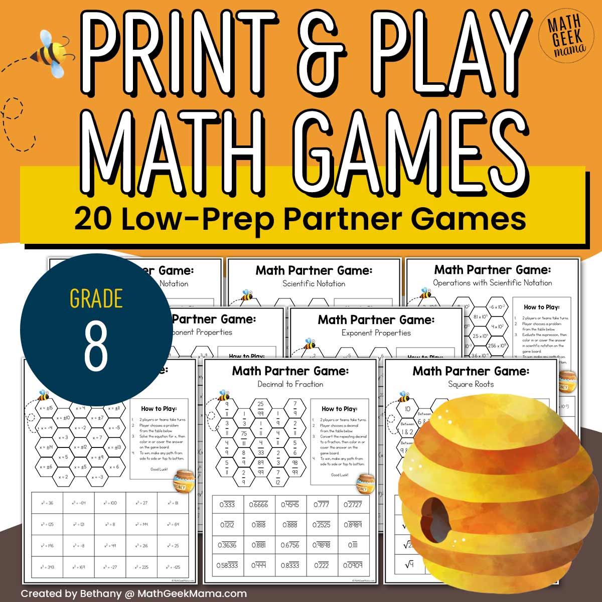 8th Grade Math Partner Games - 20 Low-Prep Print & Play Games - PRINTABLE