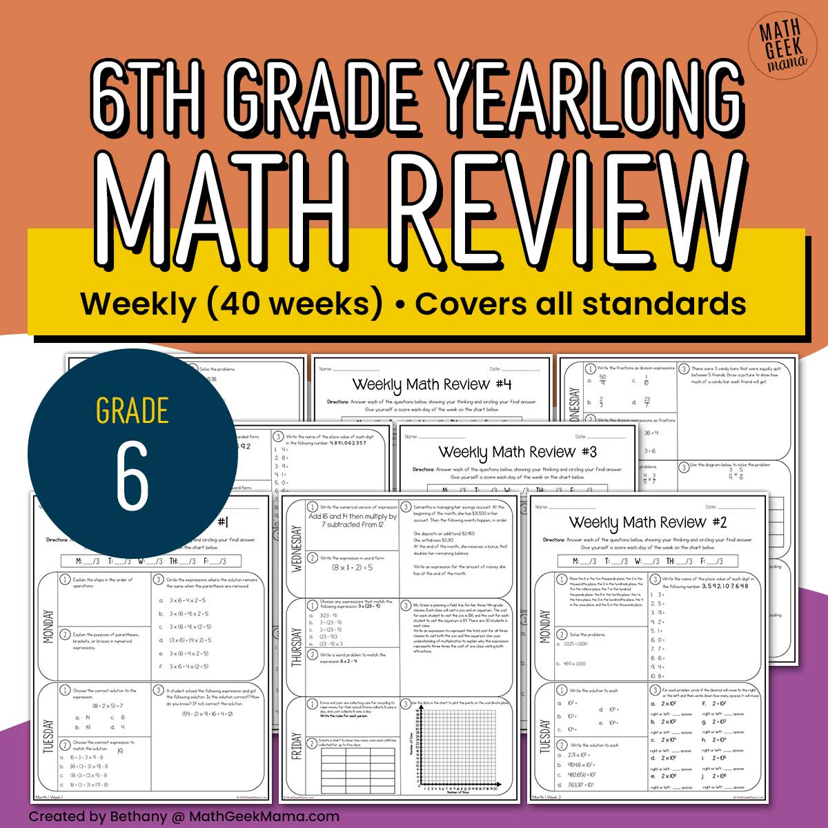6th Grade Weekly Math Review - YEARLONG - 40 Weeks - Spiral Review - PRINT