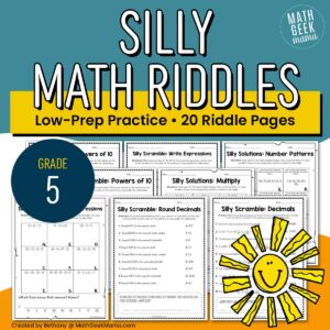 Math Riddles for 5th Grade - Low-Prep - PRINT - 20 Practice Pages