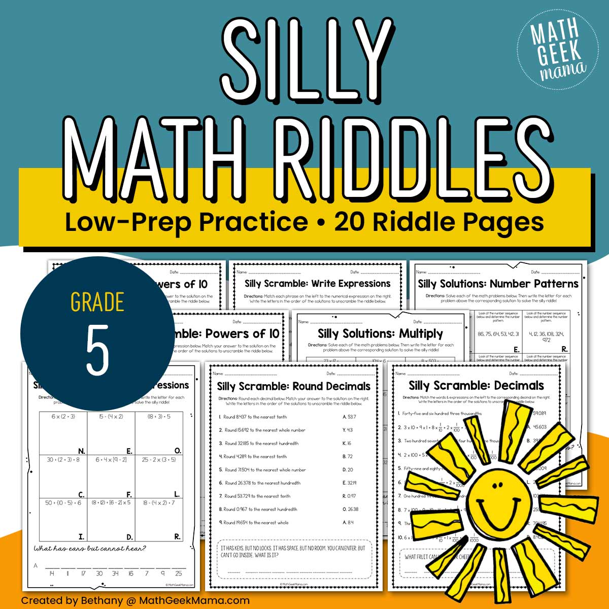 Math Riddles for 5th Grade - Low-Prep - PRINT - 20 Practice Pages