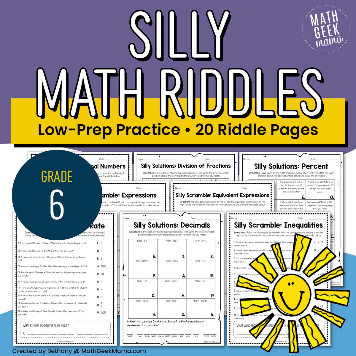 Math Riddles for 6th Grade - Low-Prep - PRINT - 20 Practice Pages