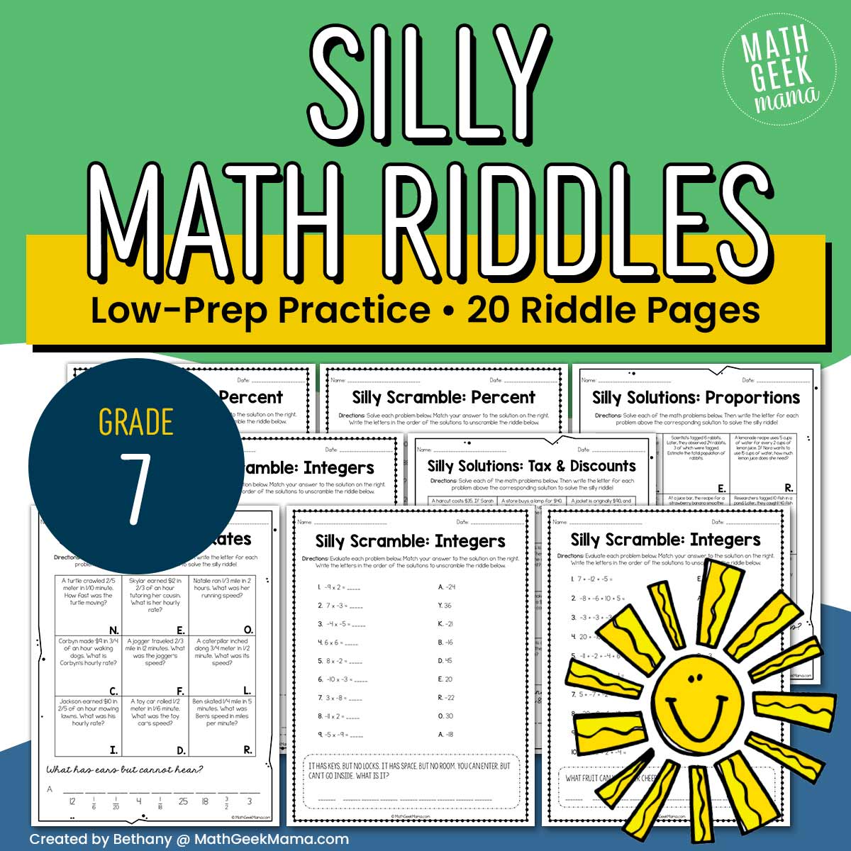 Math Riddles for 7th Grade - Low-Prep - PRINT - 20 Practice Pages