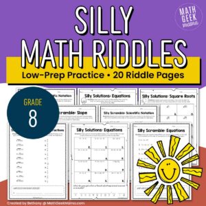 Math Riddles for 8th Grade - Low-Prep - PRINT - 20 Practice Pages
