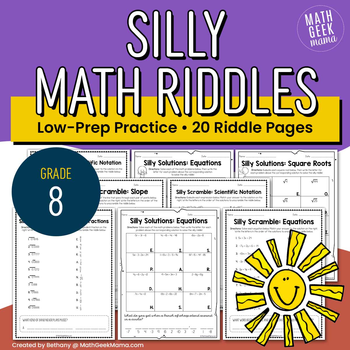 Math Riddles for 8th Grade - Low-Prep - PRINT - 20 Practice Pages