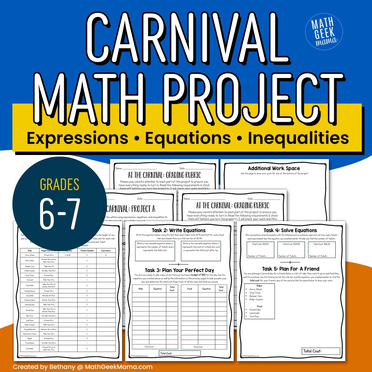 Expressions Equations & Inequalities Project - 6th-7th Grade - 3 Levels - PRINT